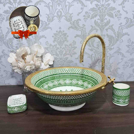 Handmade Moroccan Vessel Sink Bowl with Brass Rim