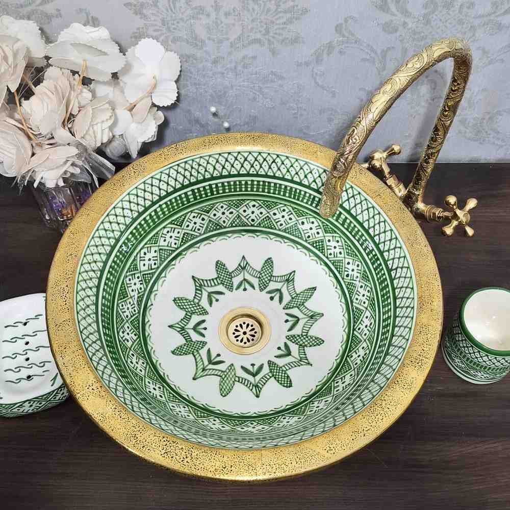 Handmade Moroccan Vessel Sink Bowl with Brass Rim
