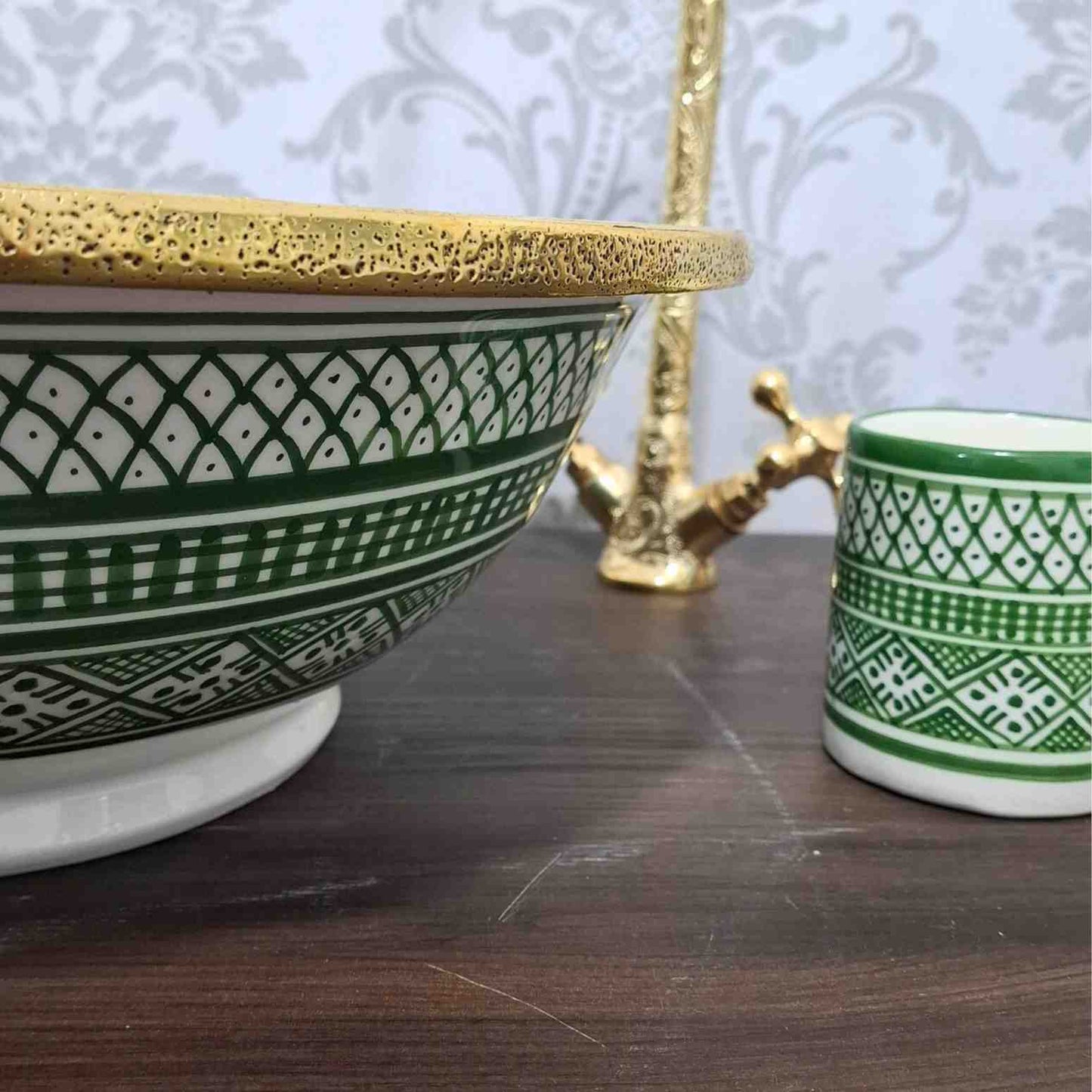 Handmade Moroccan Vessel Sink Bowl with Brass Rim