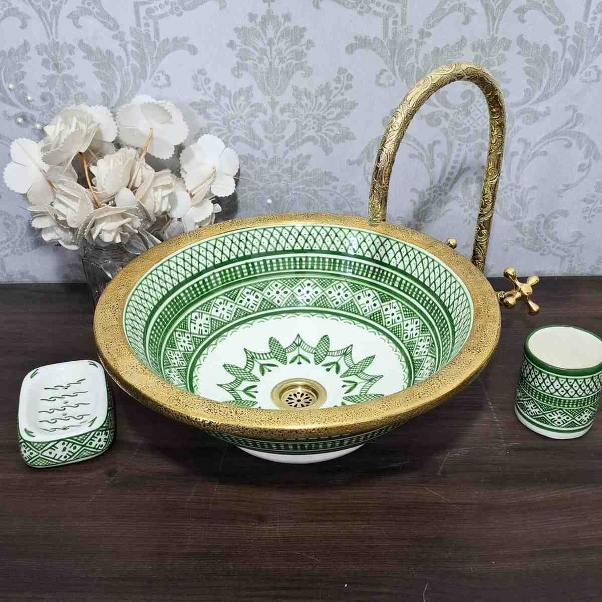 Handmade Moroccan Vessel Sink Bowl with Brass Rim