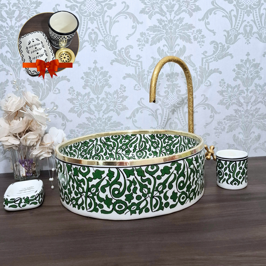 Moroccan Green Sink Bowl with Floral Pattern – Handcrafted Ceramic Washbasin