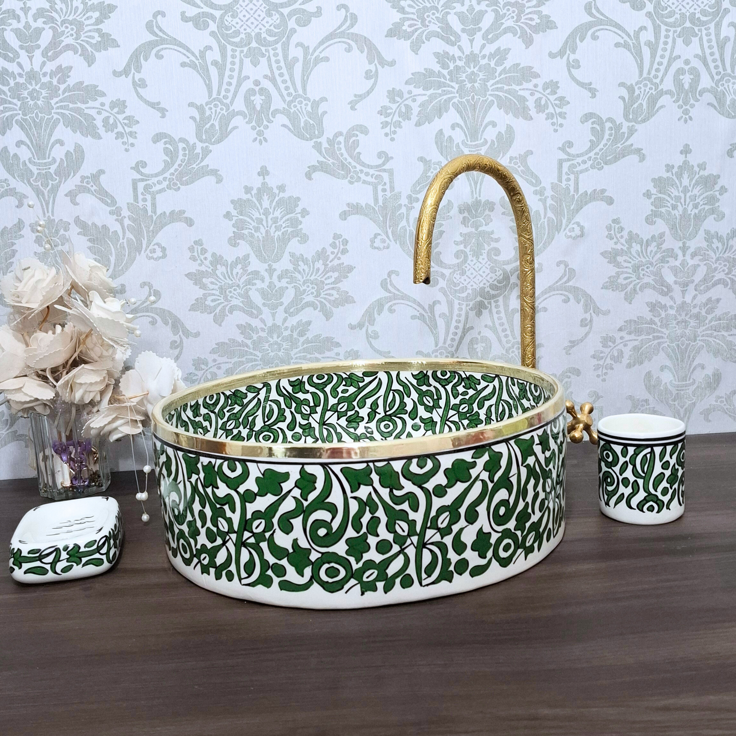 Moroccan Green Sink Bowl with Floral Pattern – Handcrafted Ceramic Washbasin