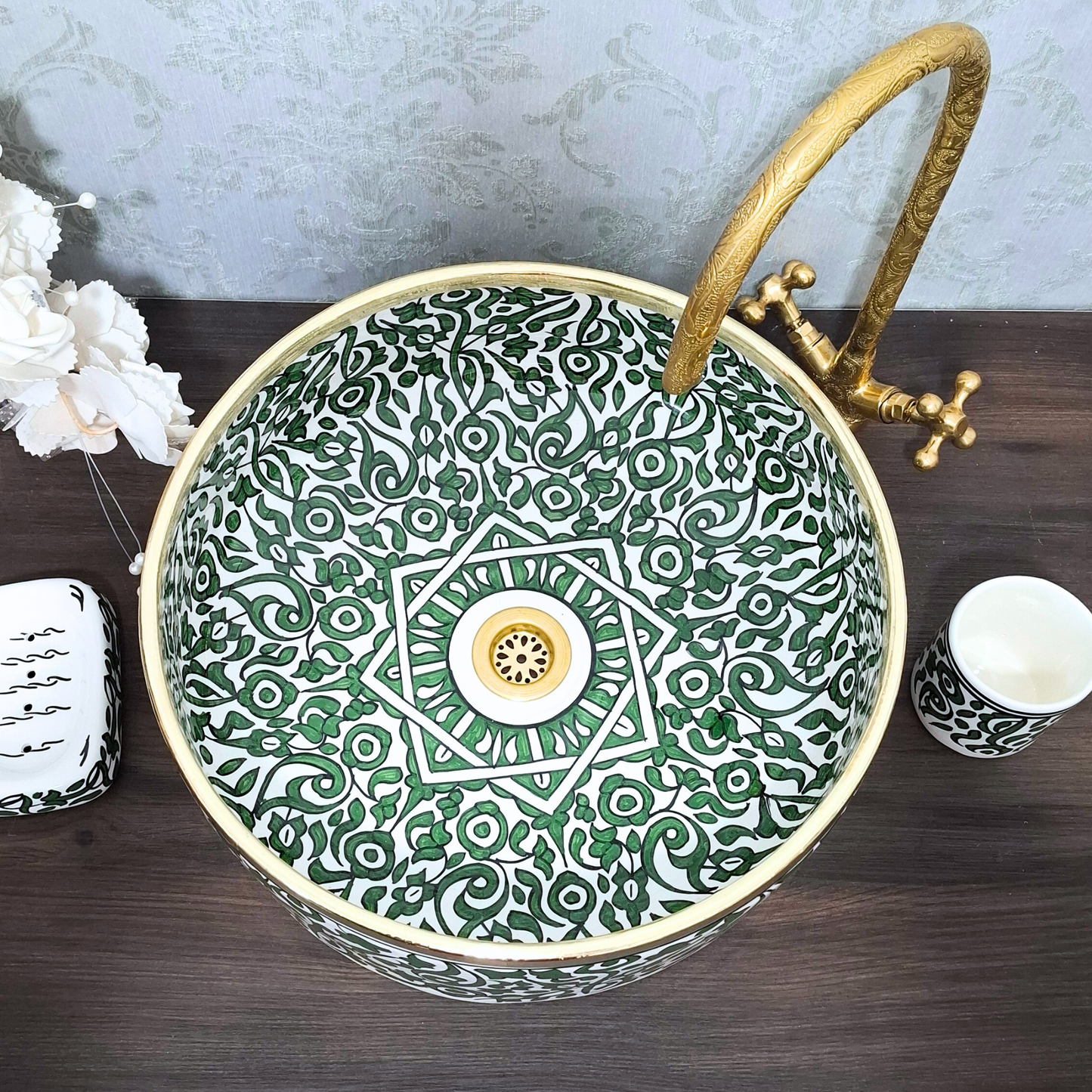 Moroccan Green Sink Bowl with Floral Pattern – Handcrafted Ceramic Washbasin