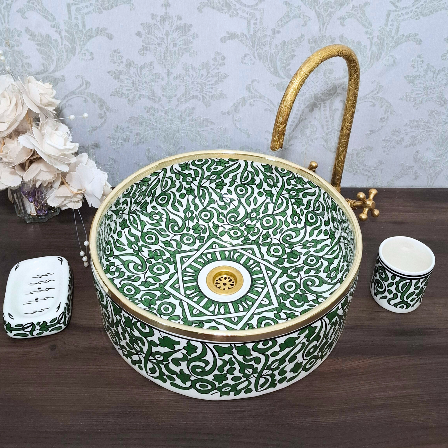 Moroccan Green Sink Bowl with Floral Pattern – Handcrafted Ceramic Washbasin