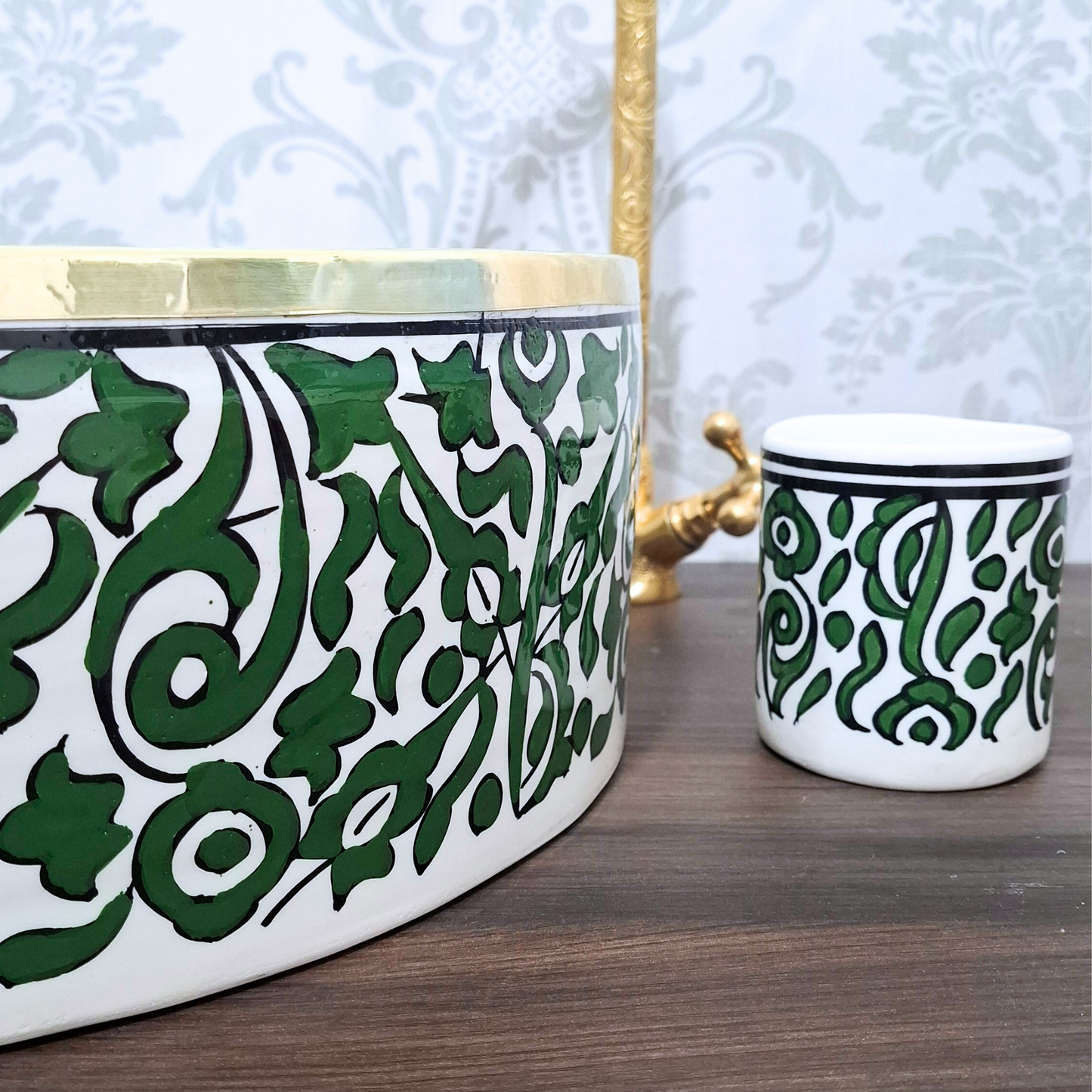 Moroccan Green Sink Bowl with Floral Pattern – Handcrafted Ceramic Washbasin