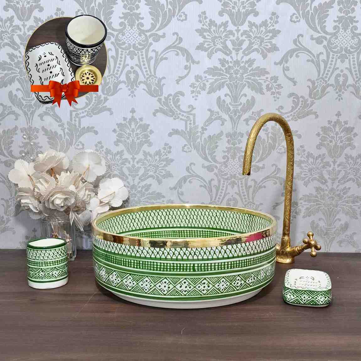 Lavabo marocain avec rebord en laiton - Vasque peints dans la salle de bain 