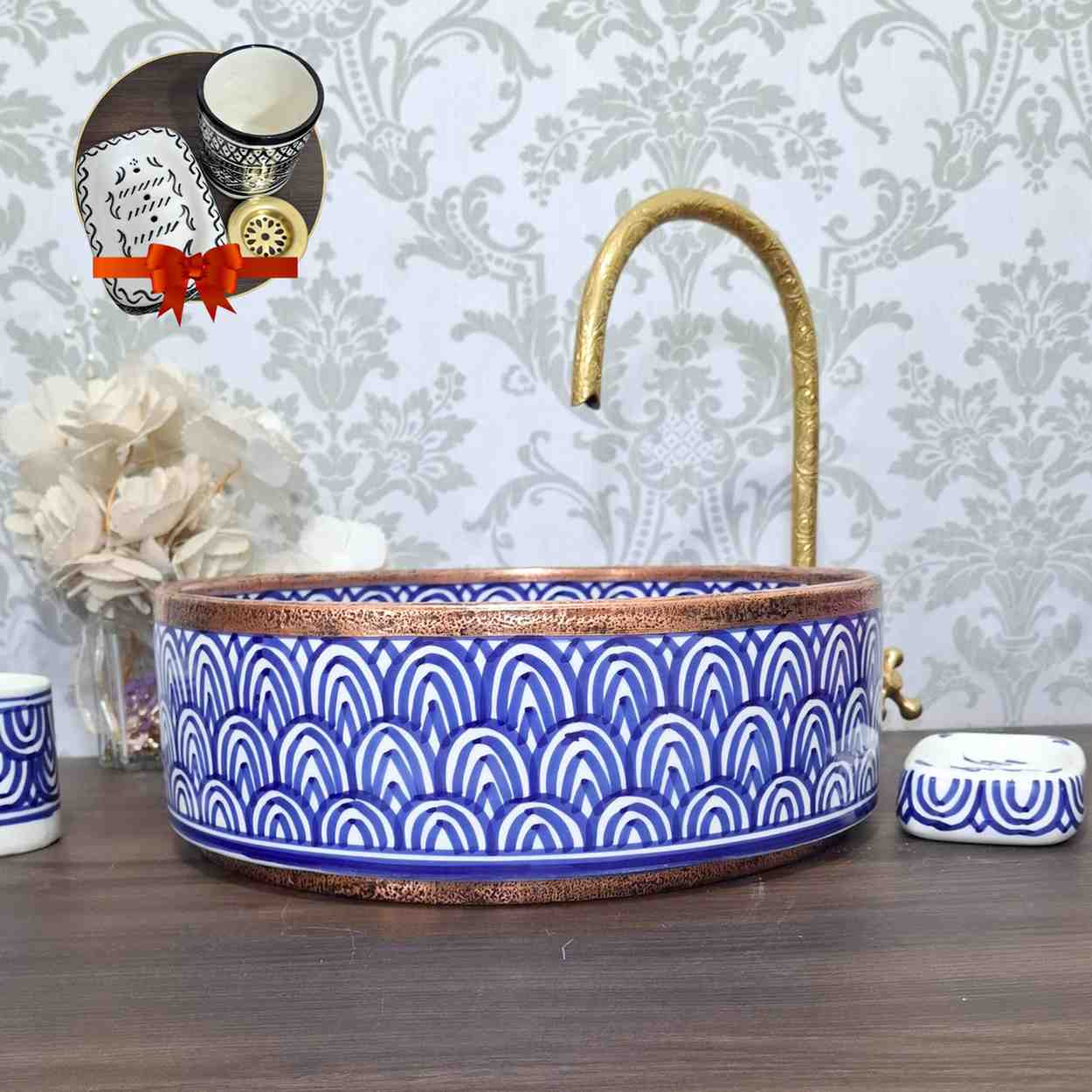 Blue Moroccan vessel sink with rose brass rim