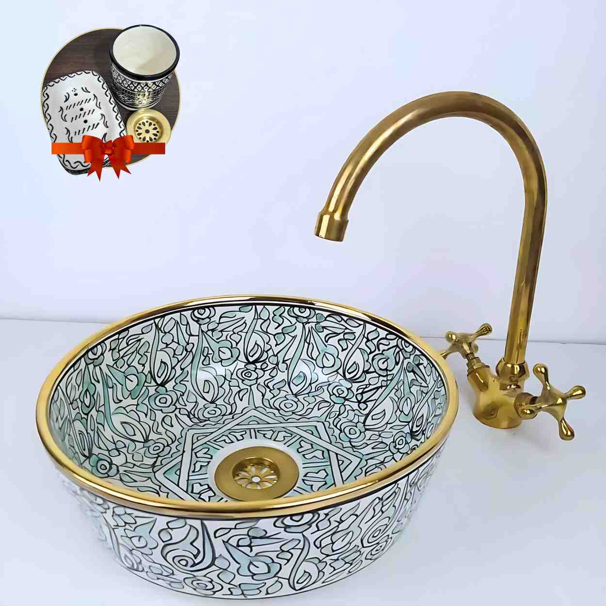 Vasque marocain à motif floral bleu avec rebord en laiton - lavabo à poser pour salle de bain 