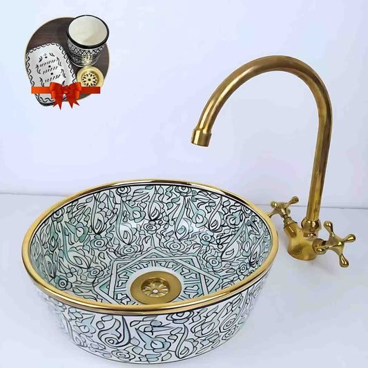Vasque marocain à motif floral bleu avec rebord en laiton - lavabo à poser pour salle de bain 
