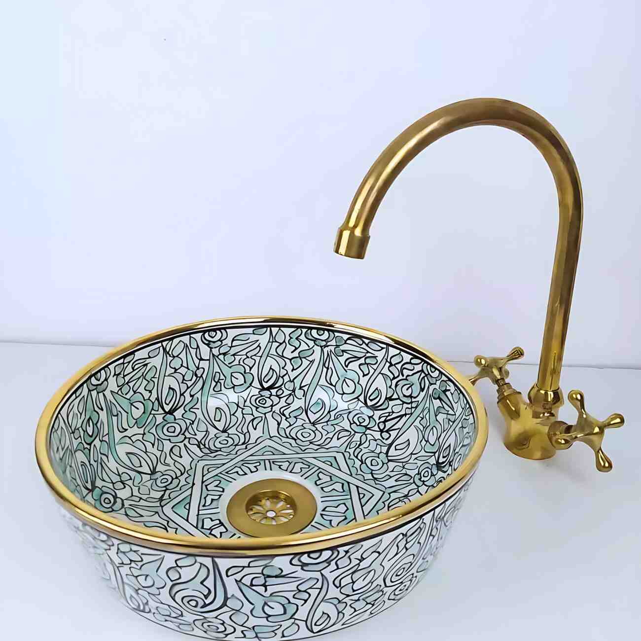 Vasque marocain à motif floral bleu avec rebord en laiton - lavabo à poser pour salle de bain 