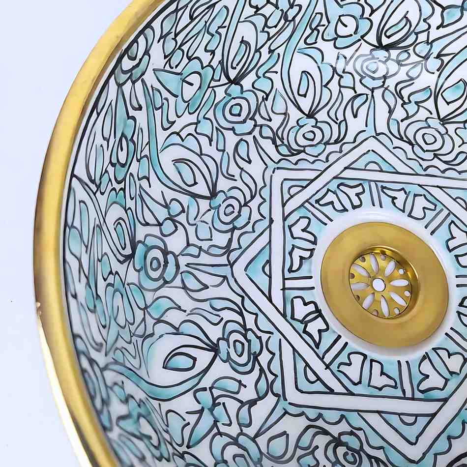 Vasque marocain à motif floral bleu avec rebord en laiton - lavabo à poser pour salle de bain 