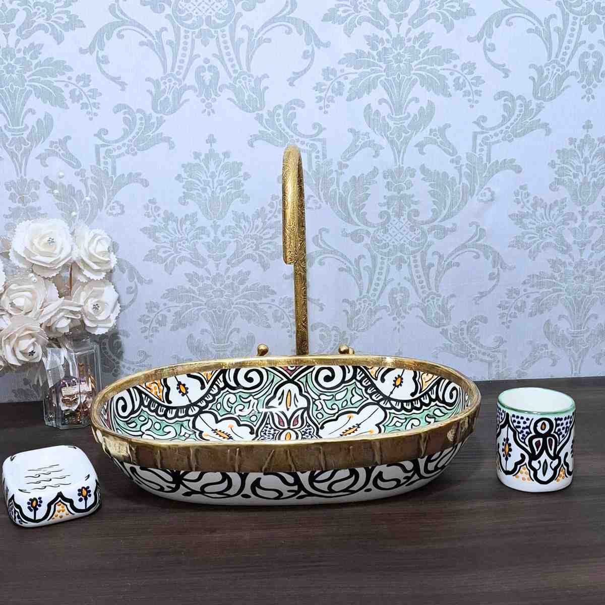 Vintage Moroccan Ceramic Vessel Sink - Oval sink bowl