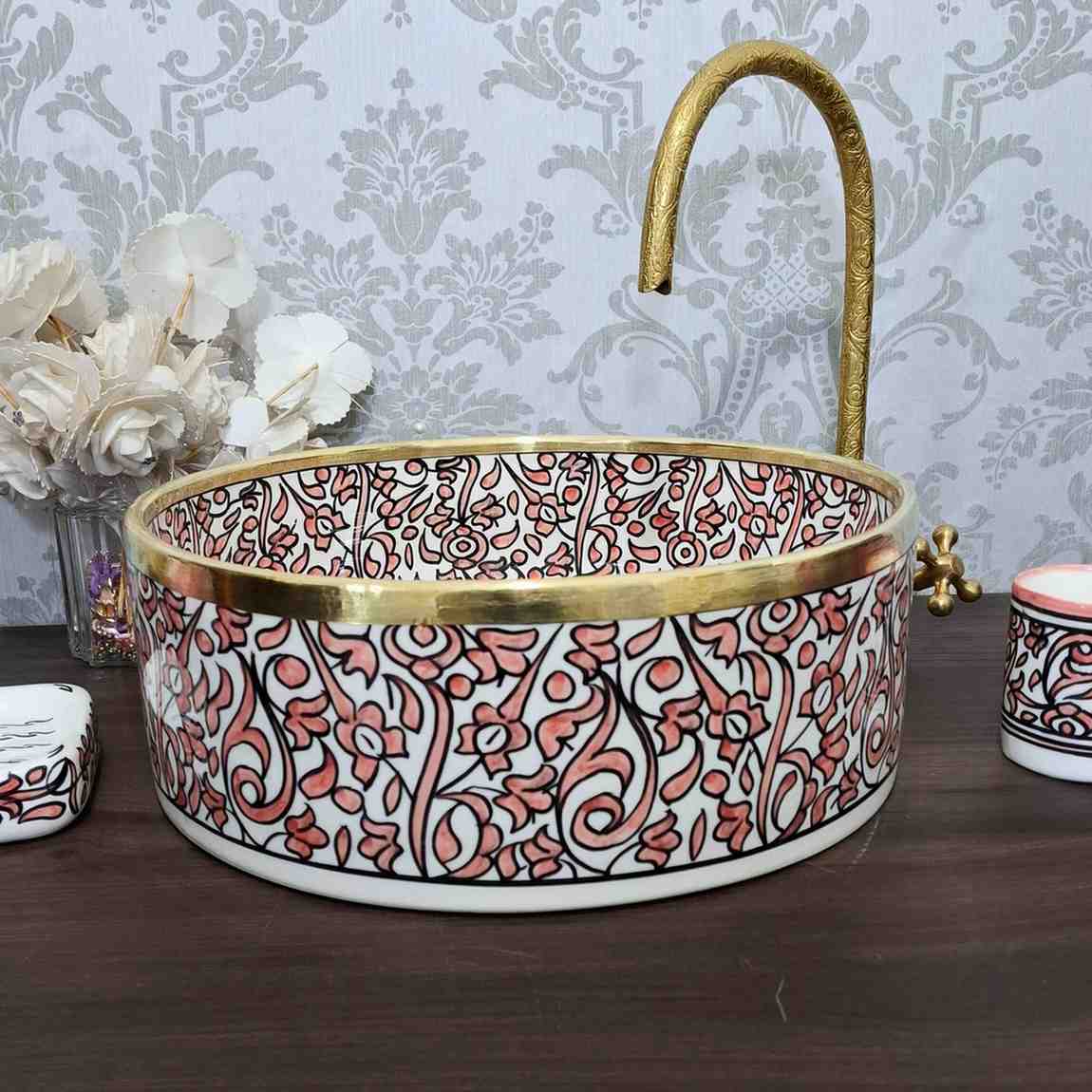 Pink Moroccan vessel sink - hand painted countertop sink bowl