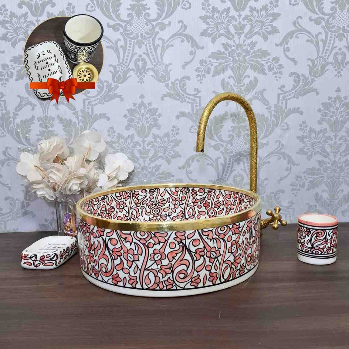 Pink Moroccan vessel sink - hand painted countertop sink bowl