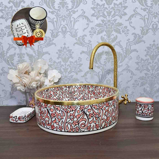 Pink Moroccan vessel sink - hand painted countertop sink bowl