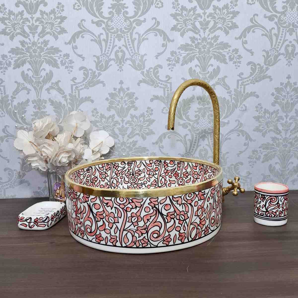 Pink Moroccan vessel sink - hand painted countertop sink bowl