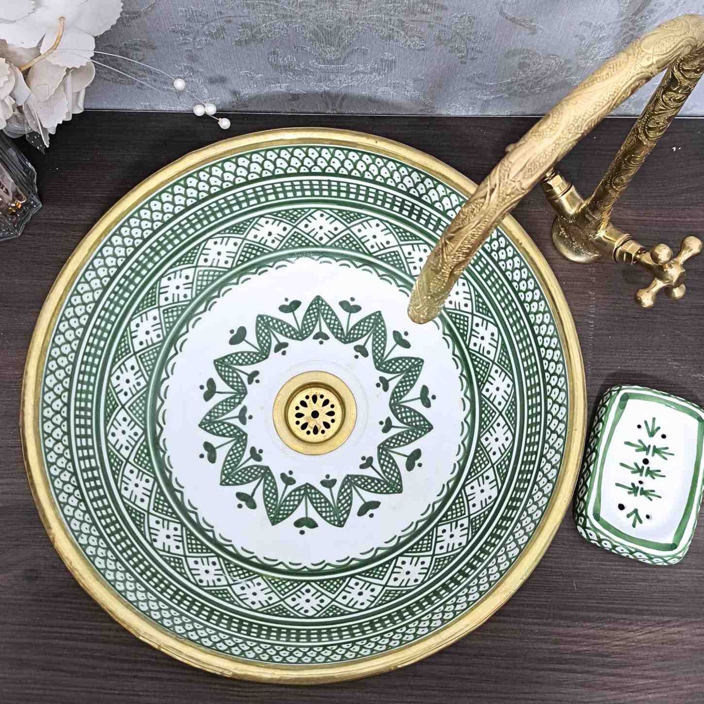 Round Green Moroccan Sink with brass rim - painted sinks in the bathroom