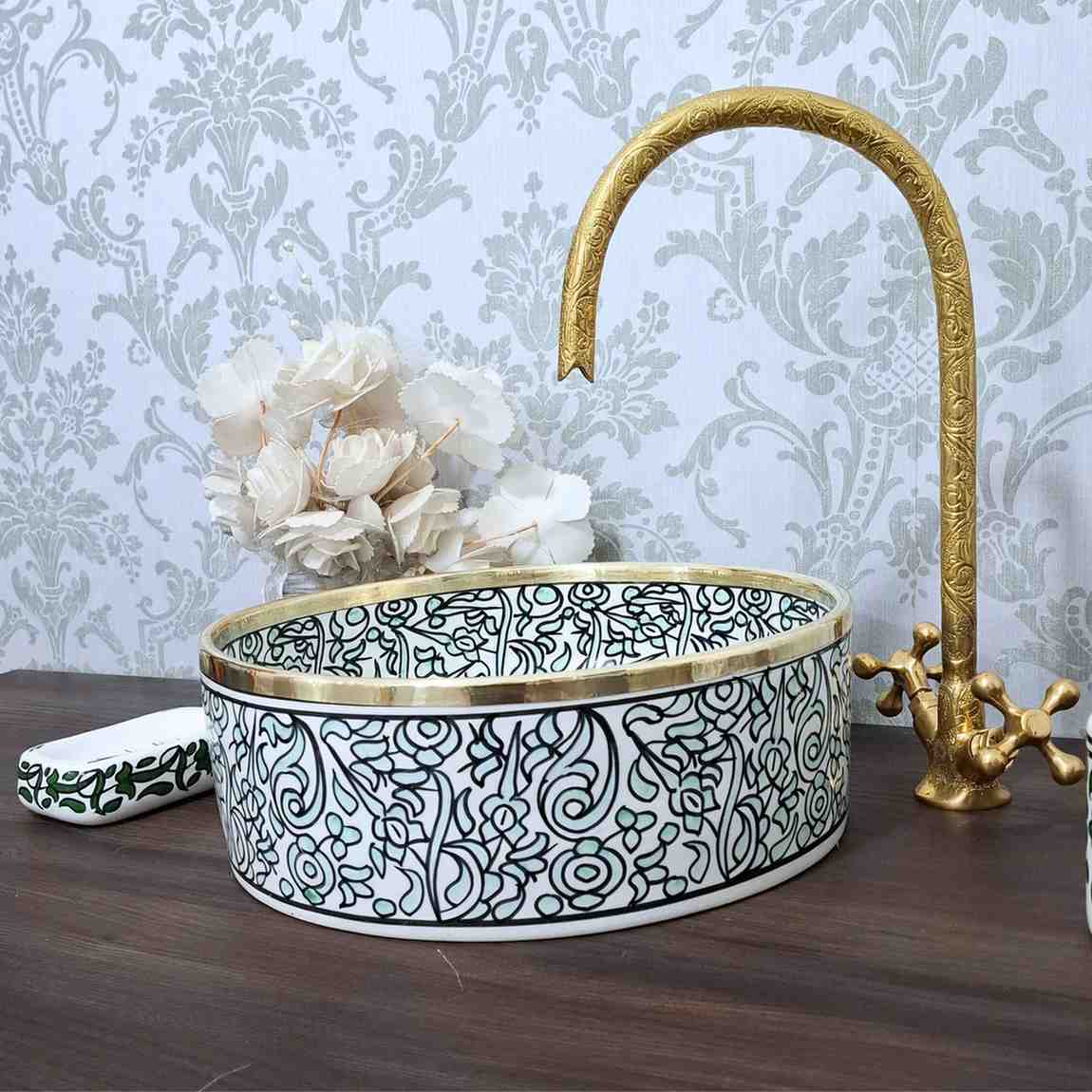 Turquoise Moroccan Sink with brass rim - painted sinks in the bathroom