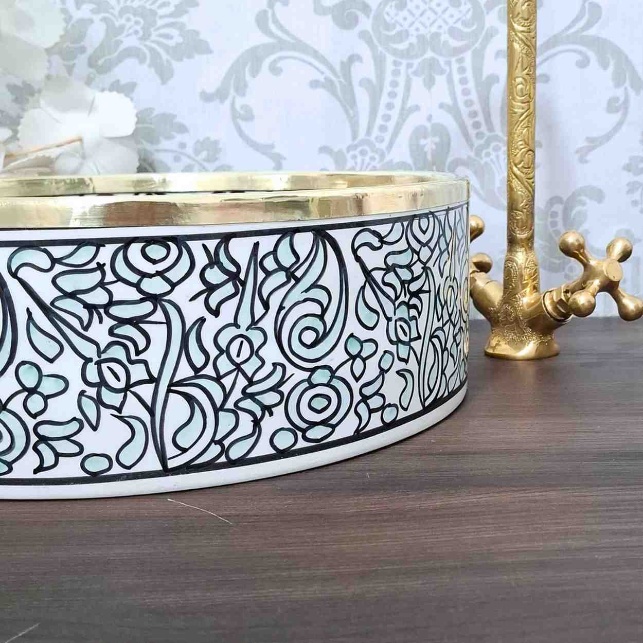 Turquoise Moroccan Sink with brass rim - painted sinks in the bathroom