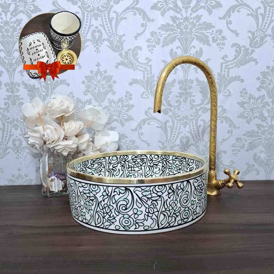 Turquoise Moroccan Sink with brass rim - painted sinks in the bathroom