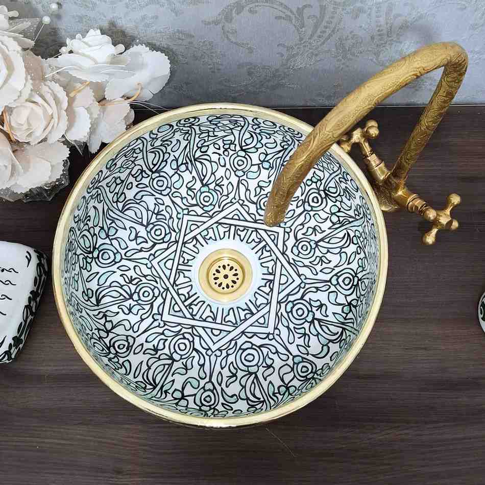Turquoise Moroccan Sink with brass rim - painted sinks in the bathroom