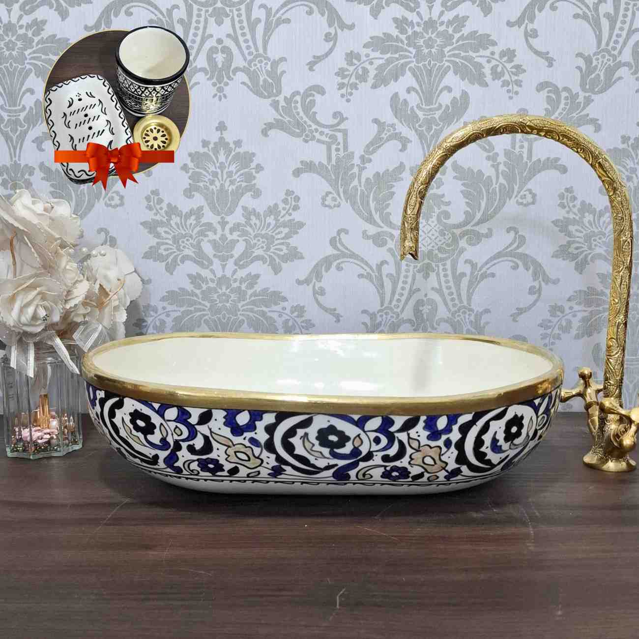 Unique oval sink bowl with Brass Rim