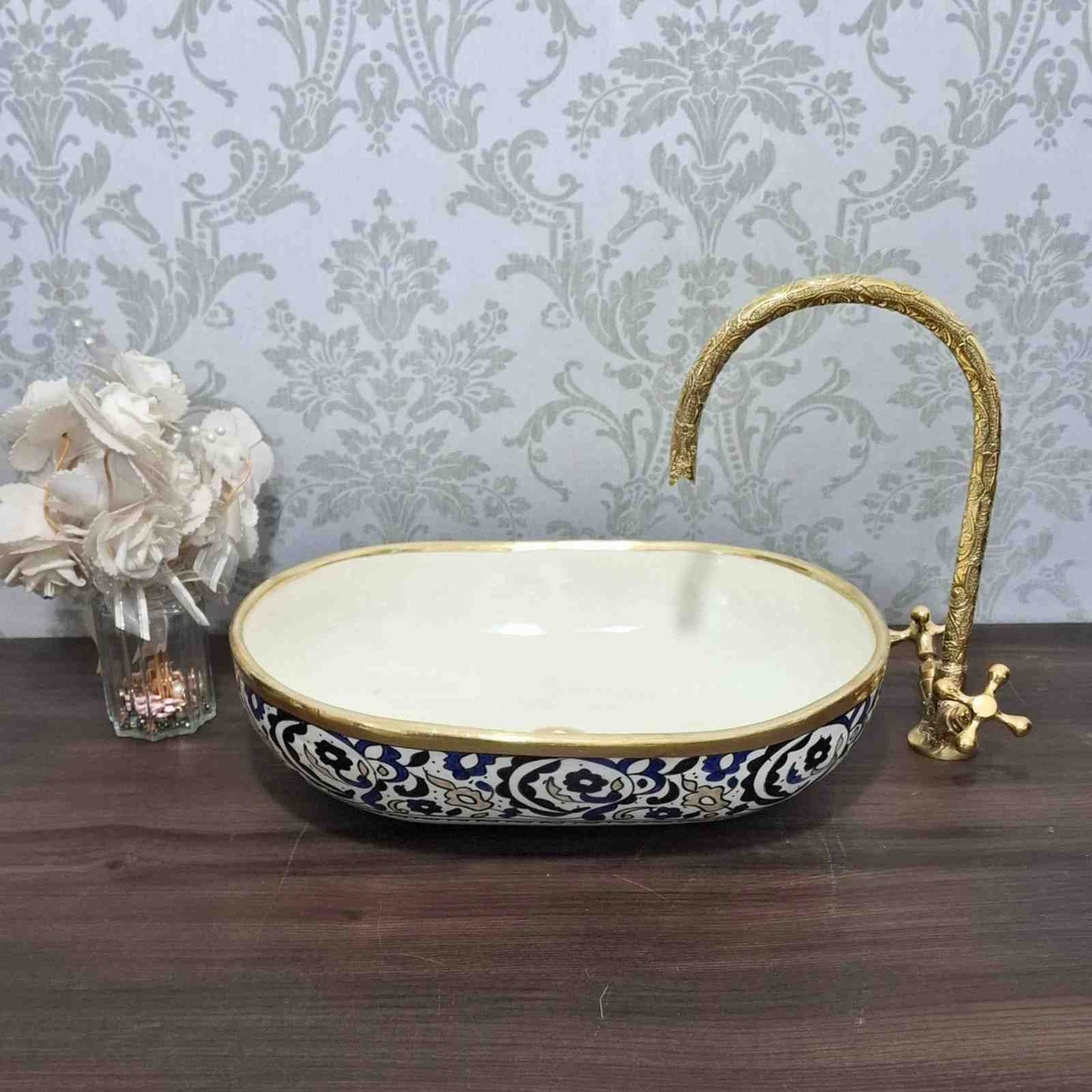 Unique oval sink bowl with Brass Rim