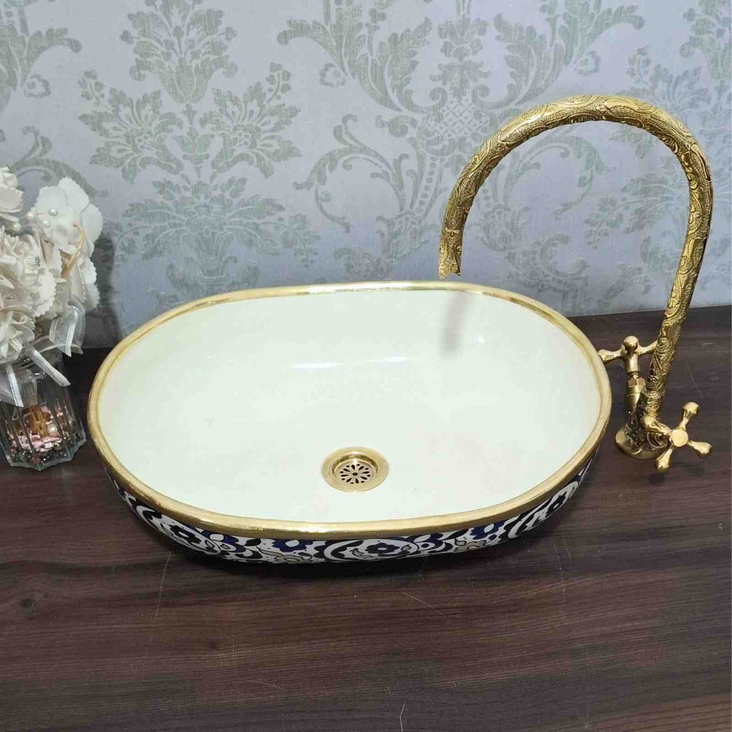 Unique oval sink bowl with Brass Rim