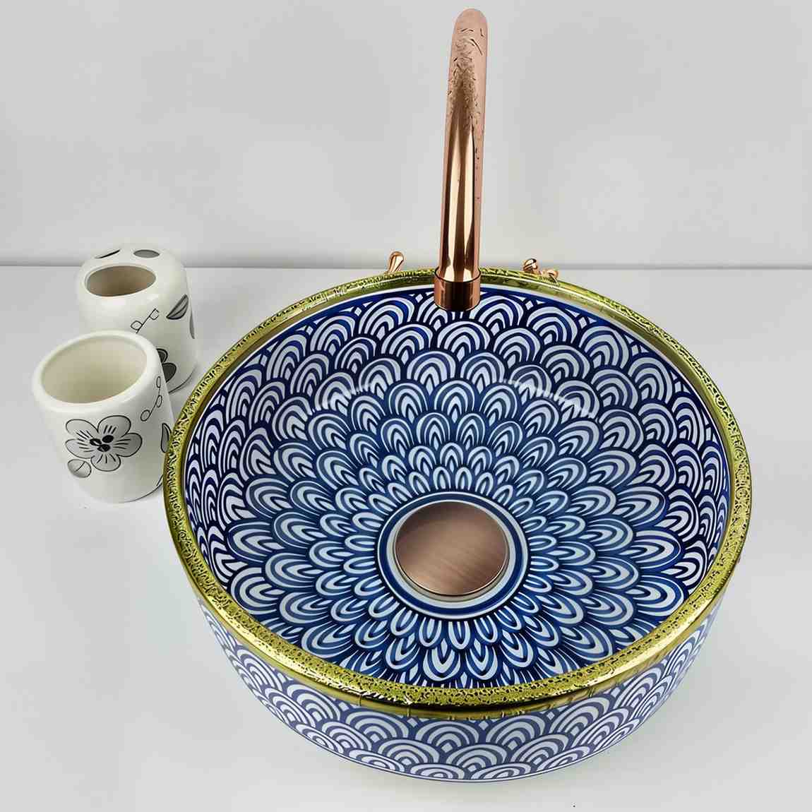 Blue Hand-painted Moroccan Sink With Elegance Brass Rim