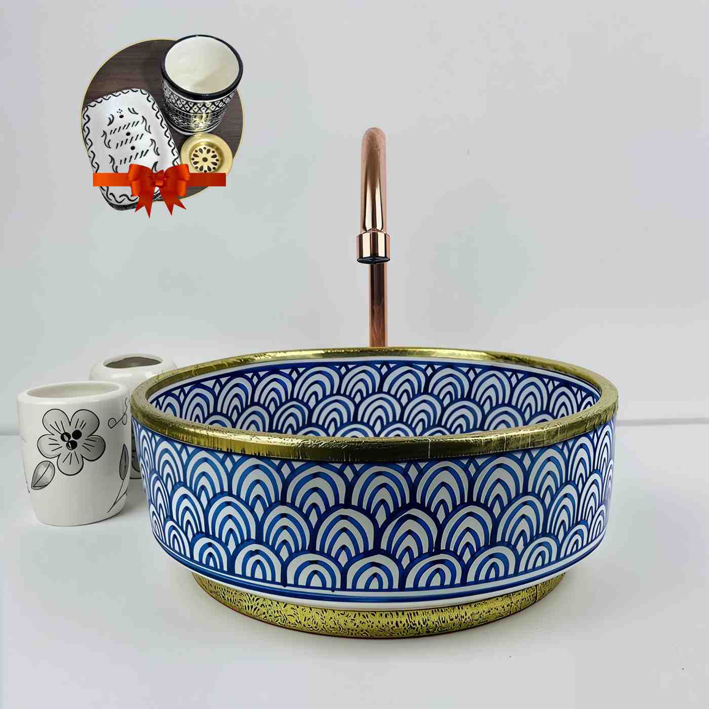 Blue Hand-painted Moroccan Sink With Elegance Brass Rim