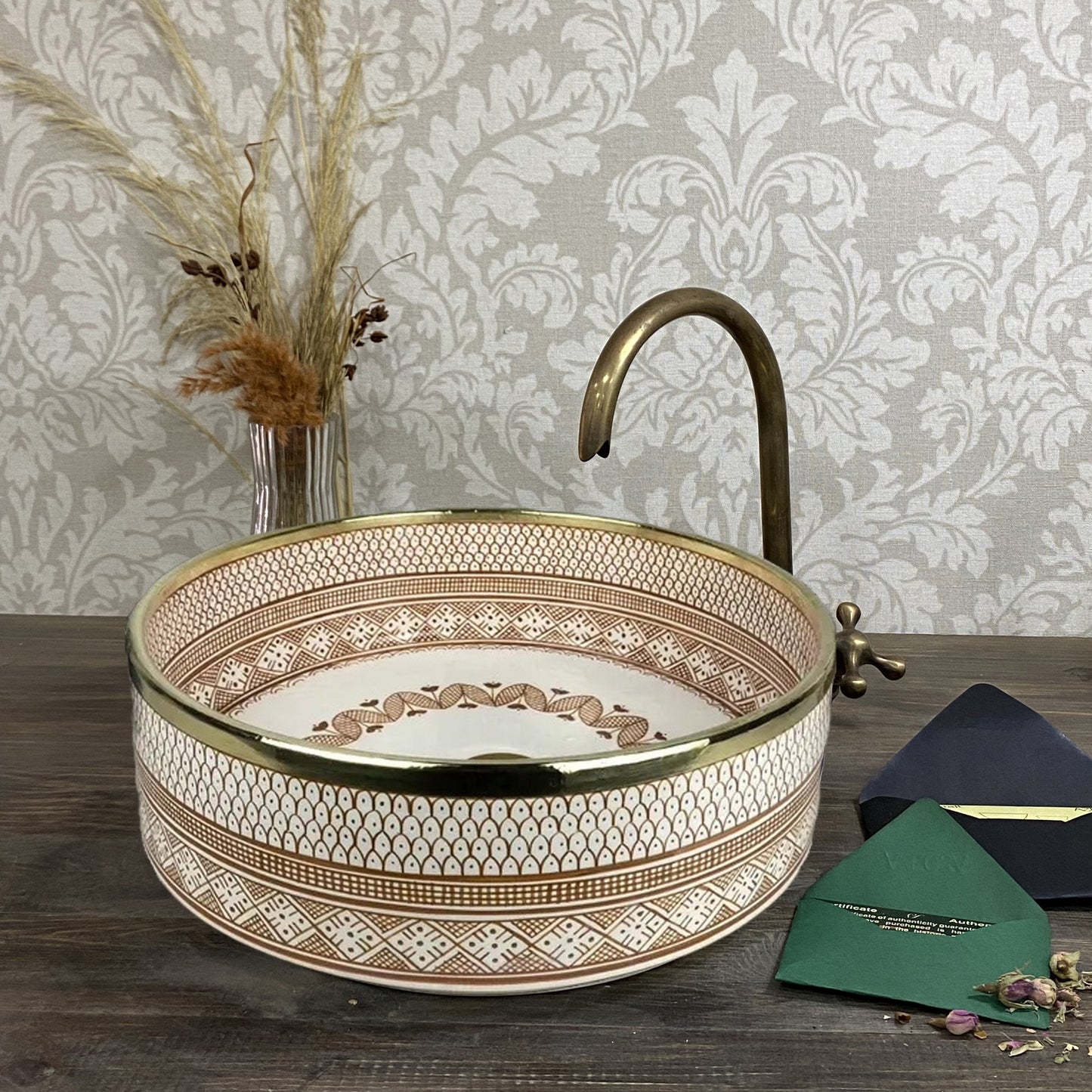 Vasque marocain à motif floral bleu avec rebord en laiton - lavabo à poser pour salle de bain 