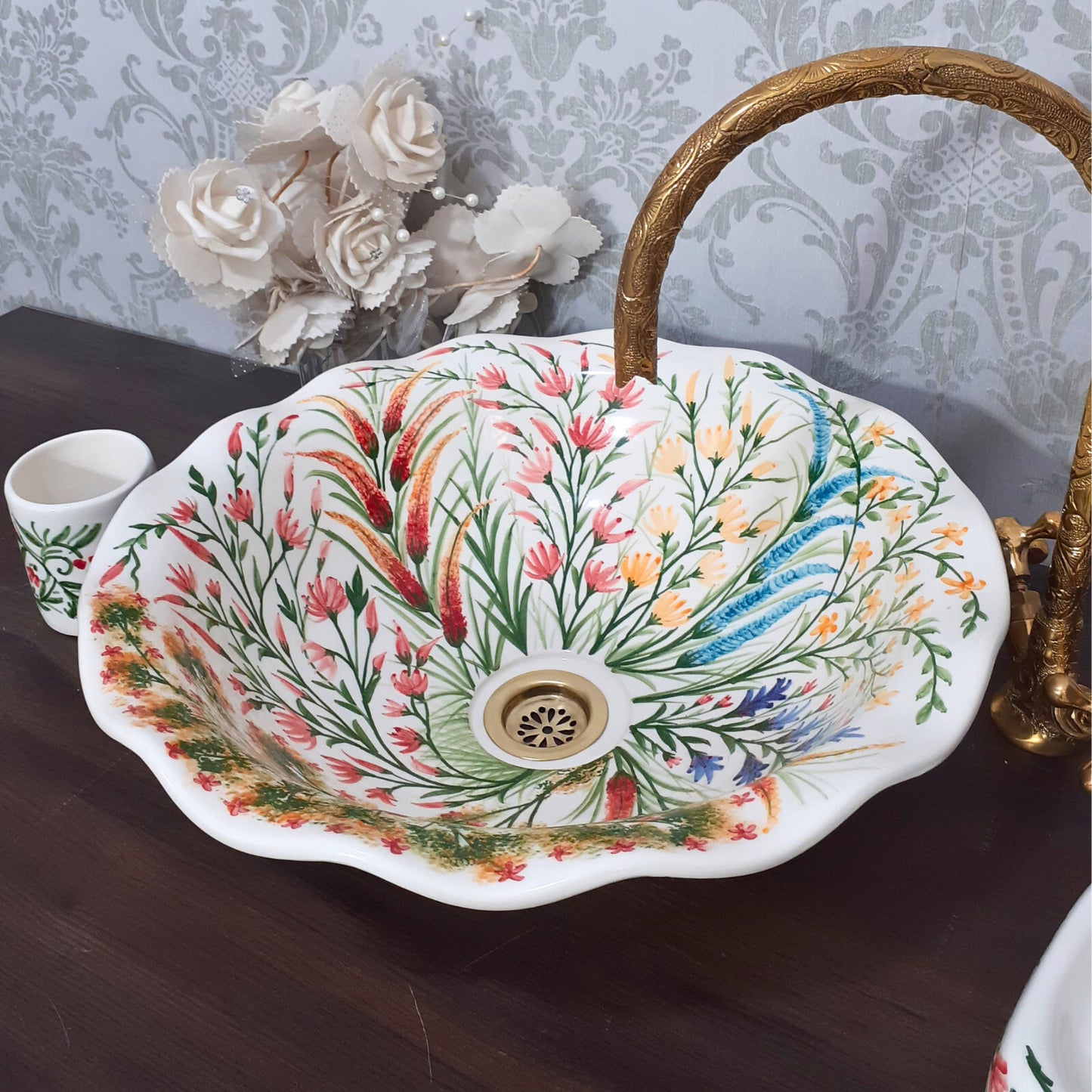 Hand painted Floral vessel sink