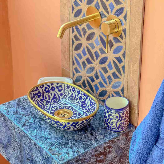 Blue Floral Moroccan Oval sink with brass rim