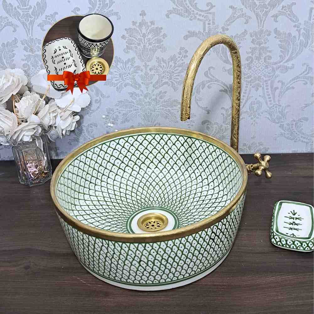 Green sink bowl - Moroccan painted ceramic sink with brass rim