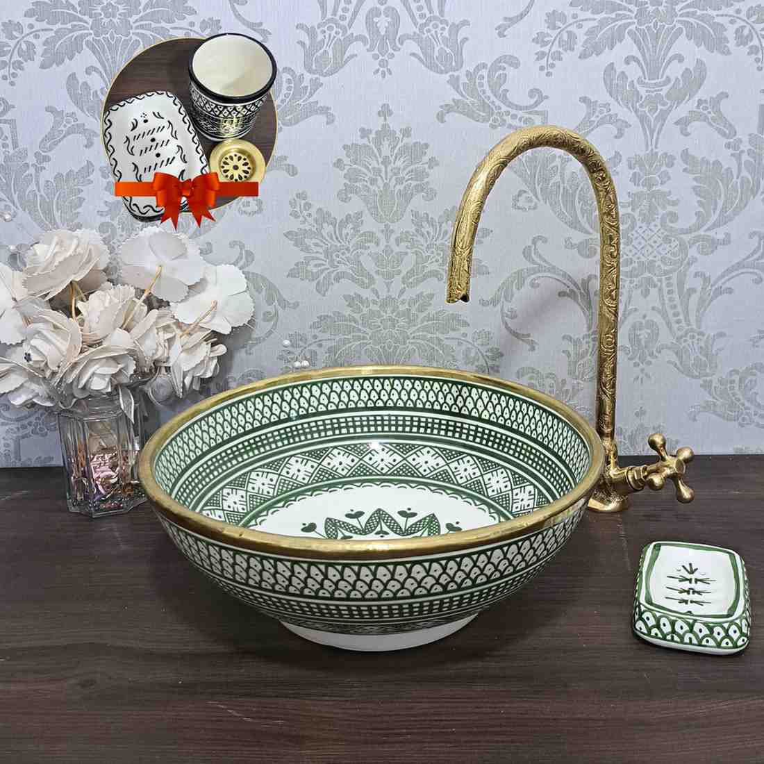 Round Green Moroccan Sink with brass rim - painted sinks in the bathro ...