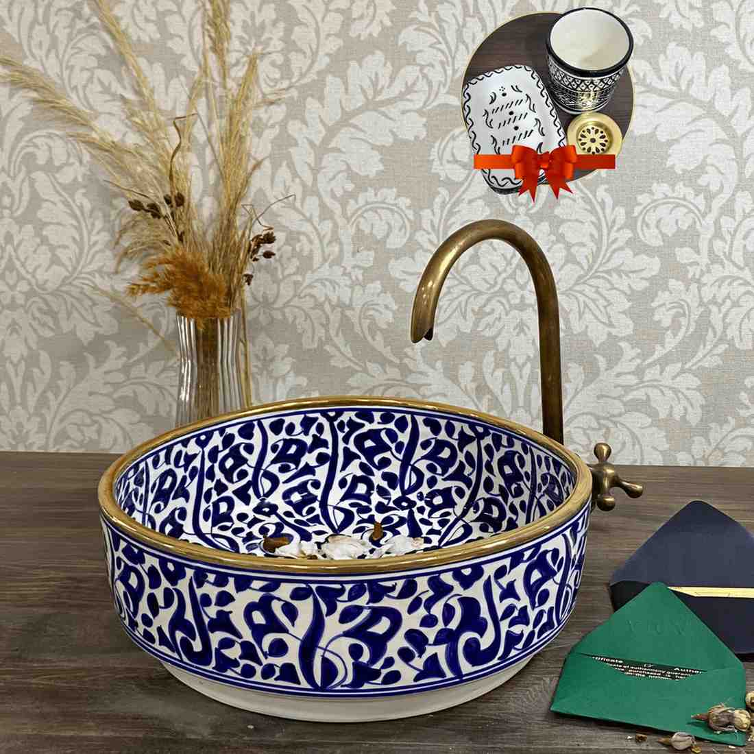 Vasque marocain à motif floral bleu avec rebord en laiton - lavabo à poser pour salle de bain 