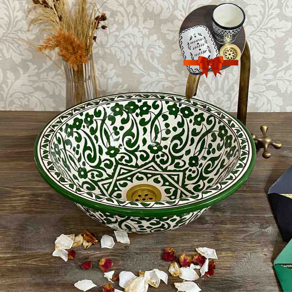 Vasque marocaine Floral Vert - Lavabo rond en céramique marocaine