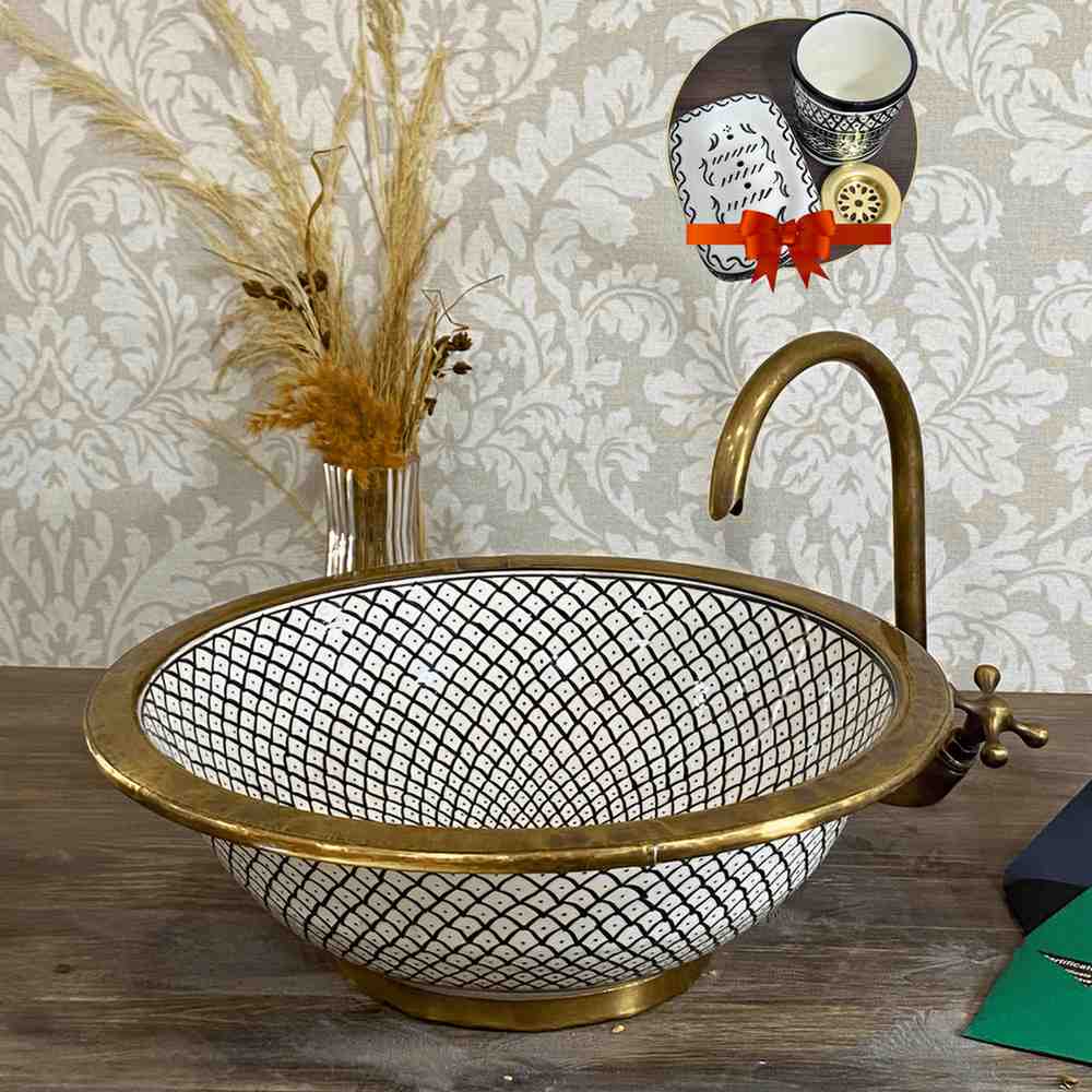 Vasque en mosaïque marocaine - Lavabo à poser avec rebord en laiton pour salle de bain 
