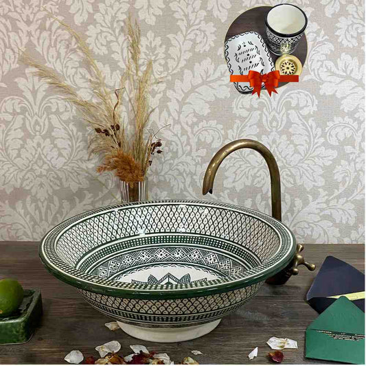 Vasque marocaine antique vert - Lavabo à poser artisanal pour salle de bain