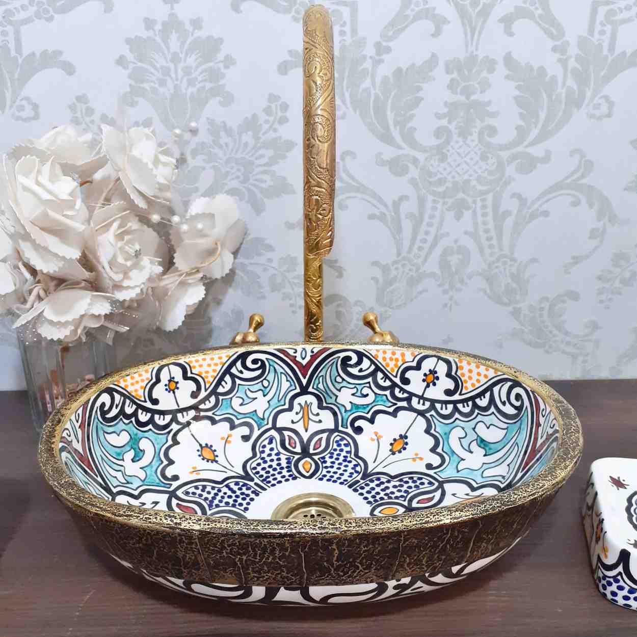 Vintage Moroccan Ceramic Vessel Sink - Oval sink bowl