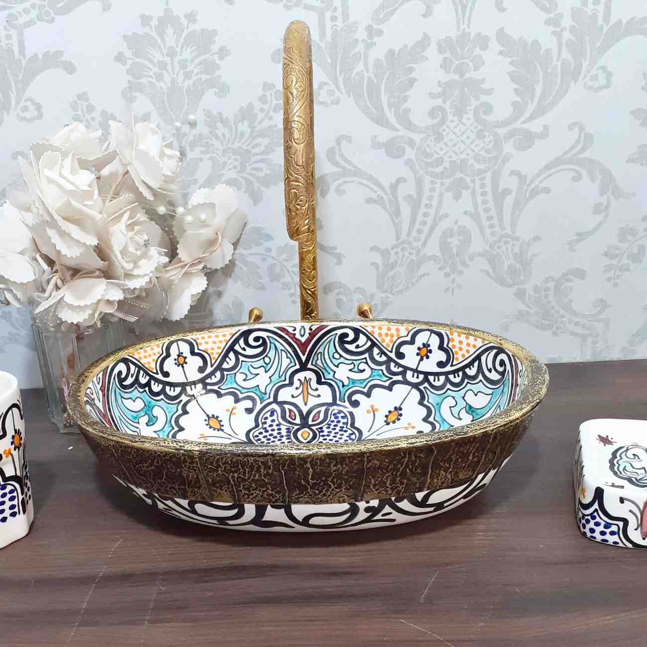Vintage Moroccan Ceramic Vessel Sink - Oval sink bowl