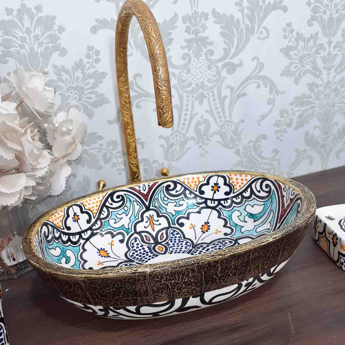 Vintage Moroccan Ceramic Vessel Sink - Oval sink bowl