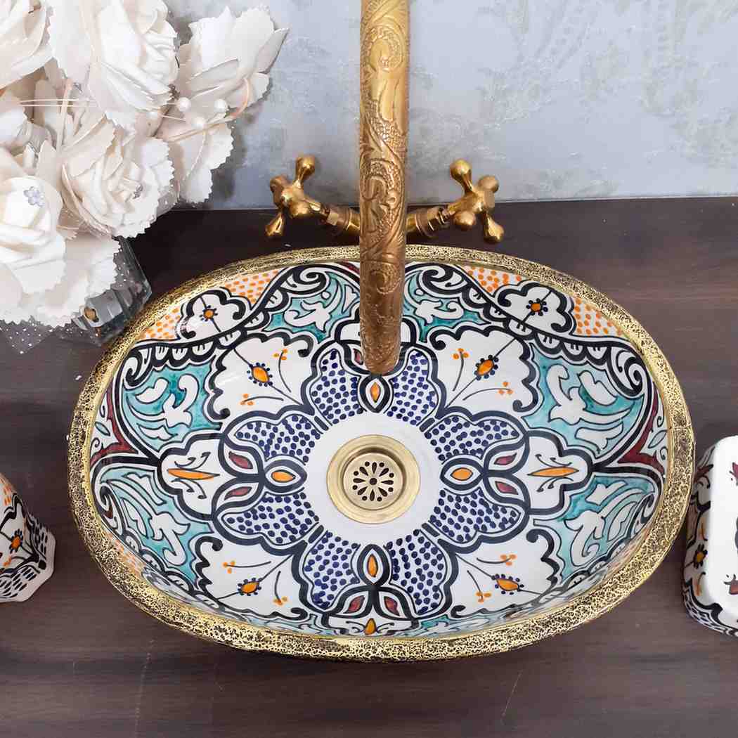 Vintage Moroccan Ceramic Vessel Sink - Oval sink bowl