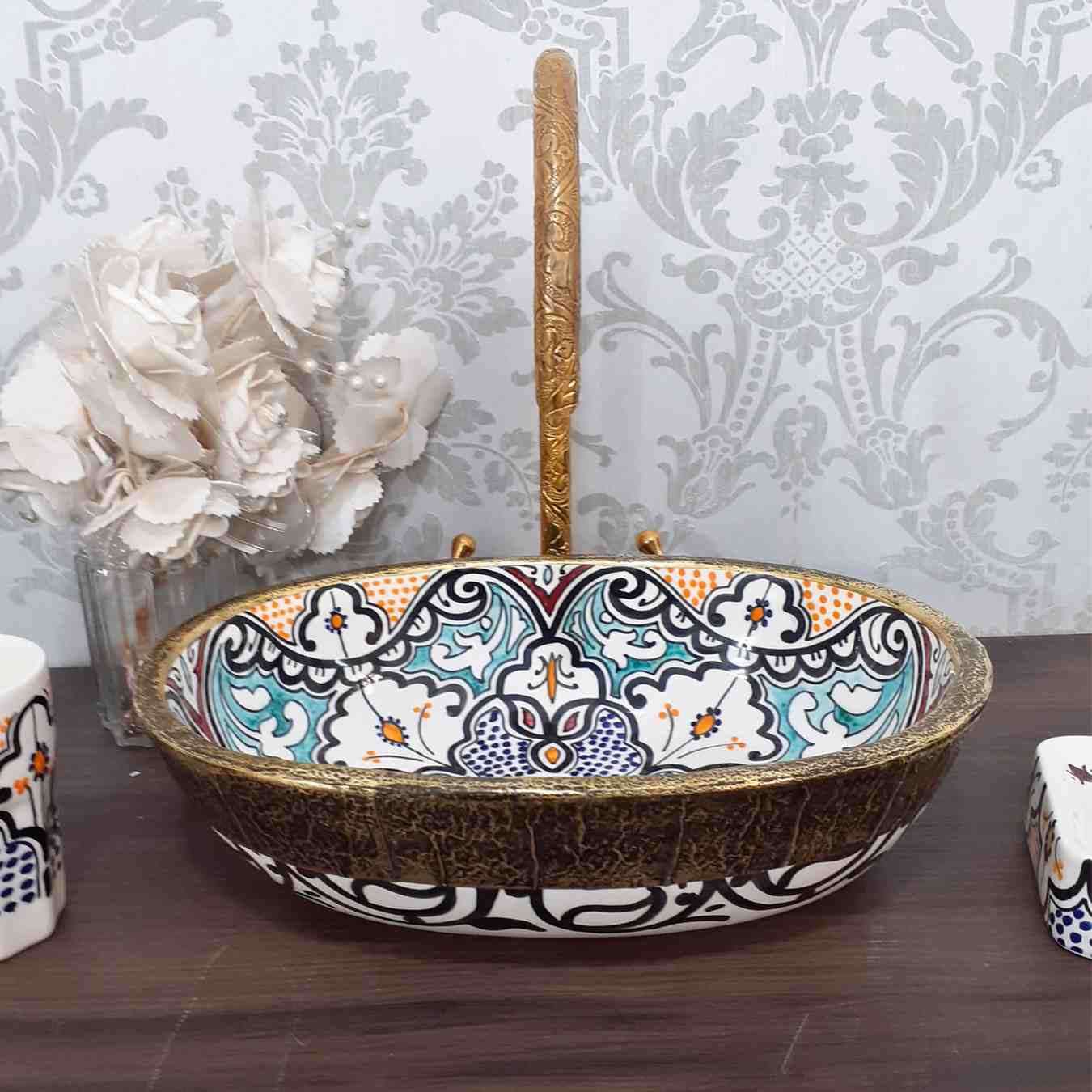 Vintage Moroccan Ceramic Vessel Sink - Oval sink bowl
