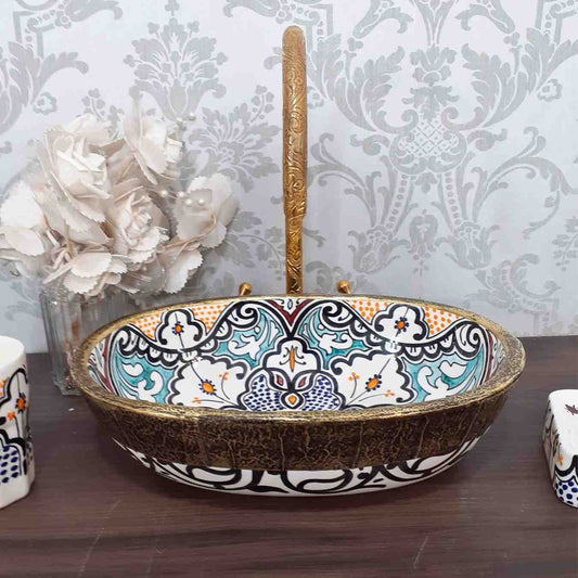 Vintage Moroccan Ceramic Vessel Sink - Oval sink bowl