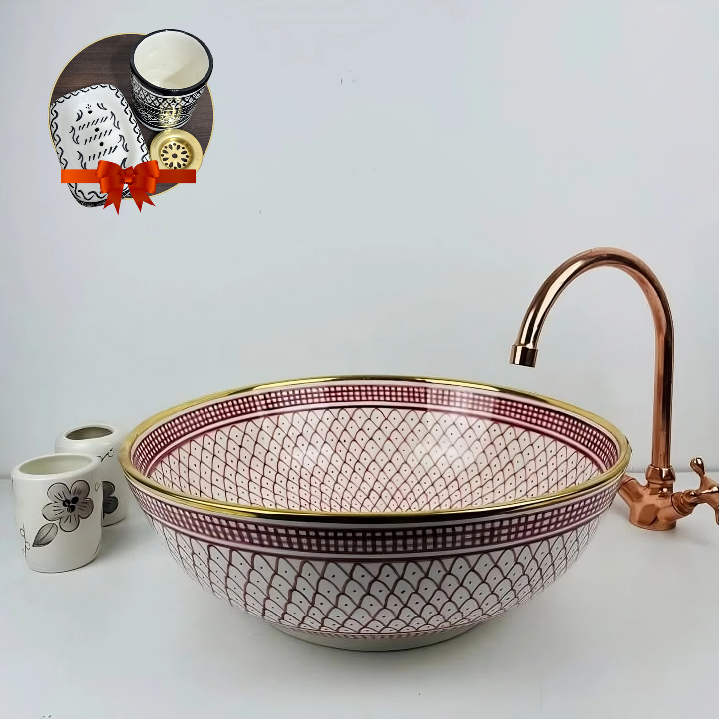 Fish-scale Moroccan pink sink with vintage brass rim - hand painted bathroom sink