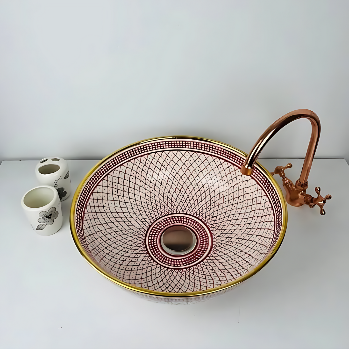 Fish-scale Moroccan pink sink with vintage brass rim - hand painted bathroom sink